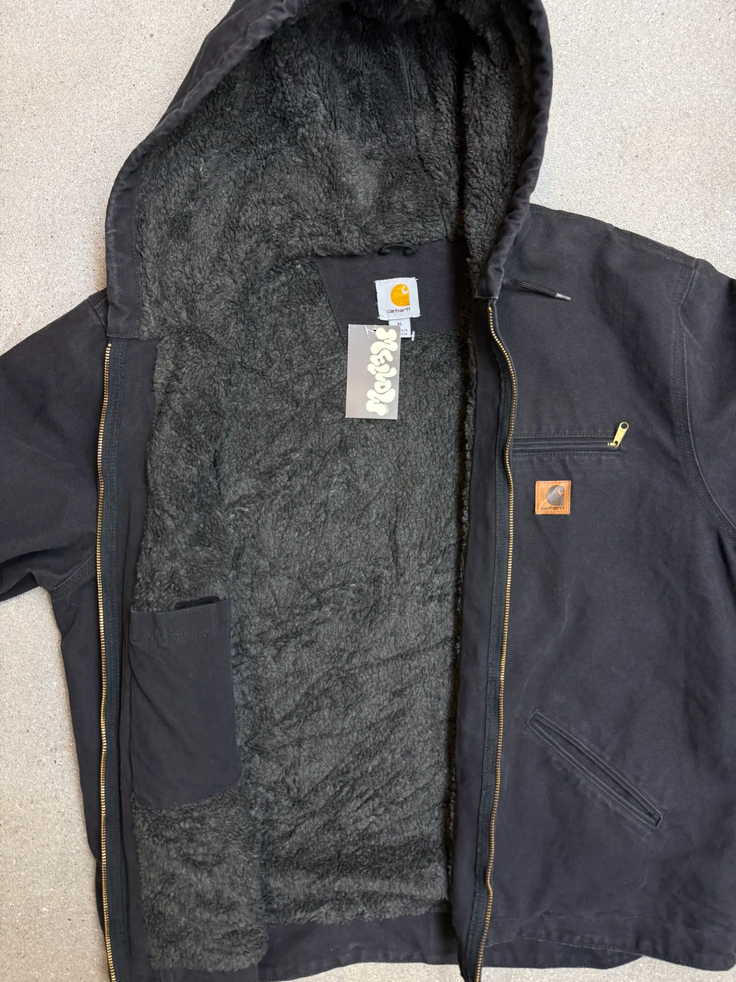 1990s Carhartt J141-BLK Mens Black Sherpa Lined Work Hooded Active Jacket (size XL Regular) Made in Mexico