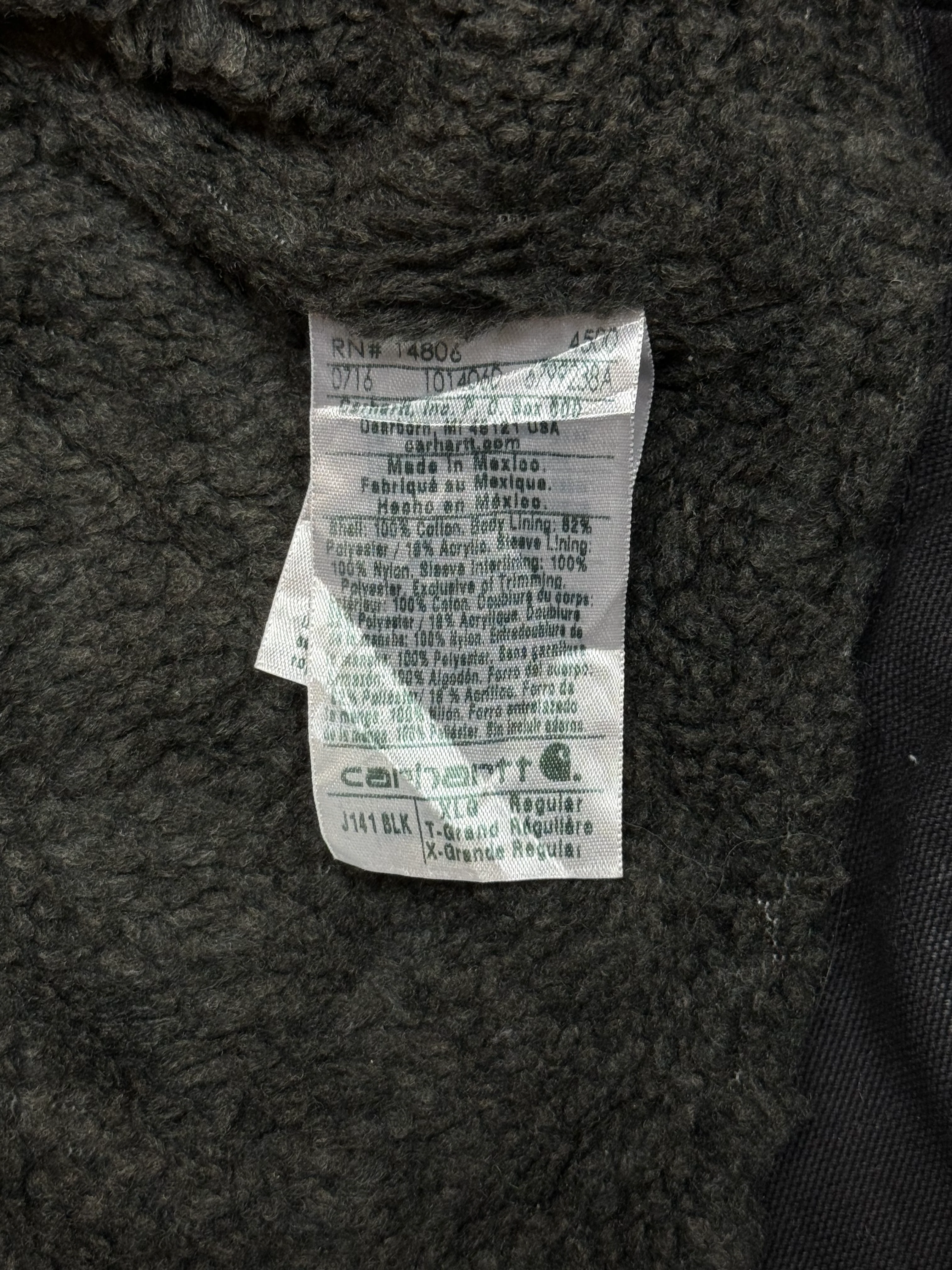 1990s Carhartt J141-BLK Mens Black Sherpa Lined Work Hooded Active Jacket (size XL Regular) Made in Mexico