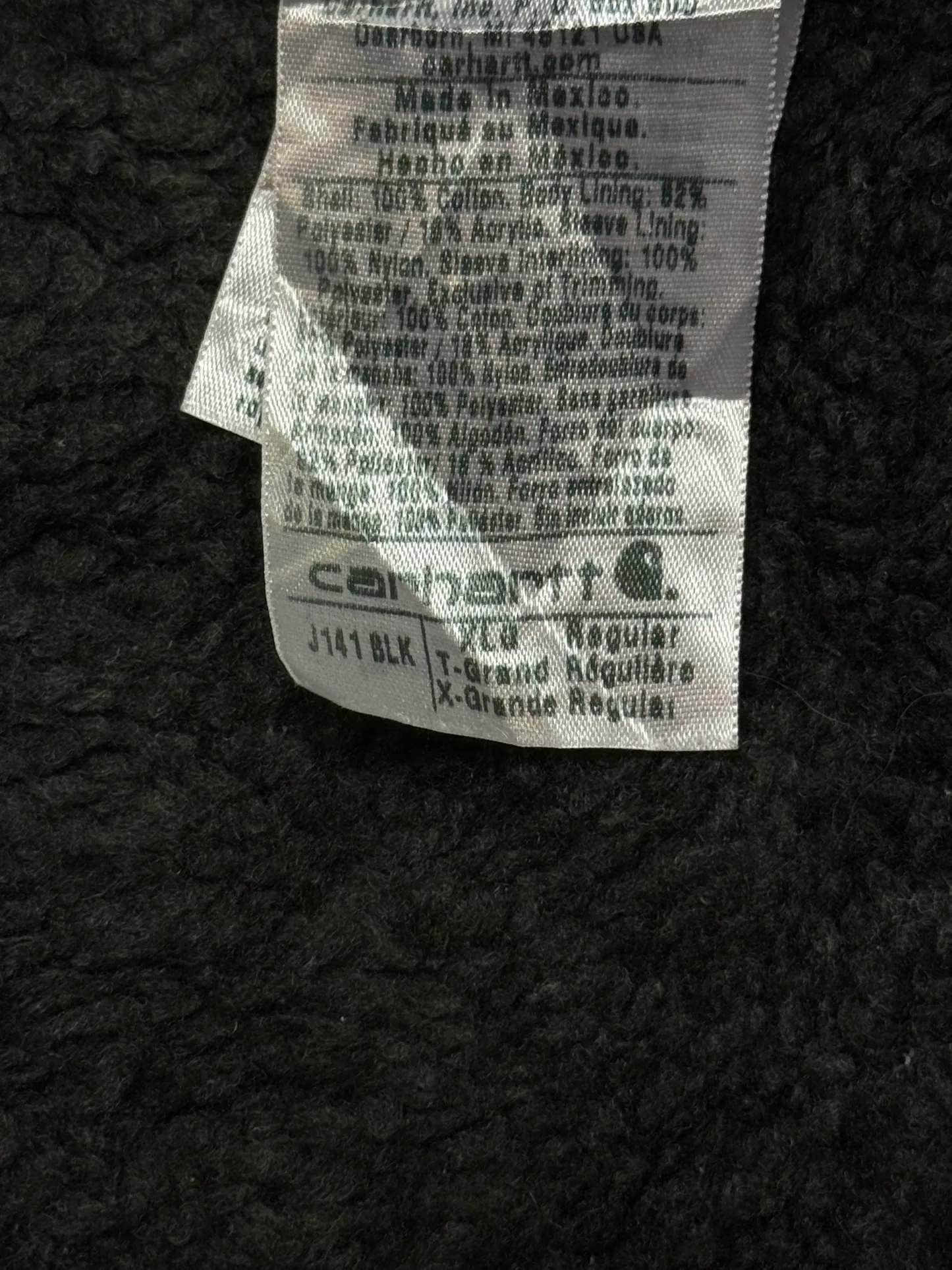 1990s Carhartt J141-BLK Mens Black Sherpa Lined Work Hooded Active Jacket (size XL Regular) Made in Mexico