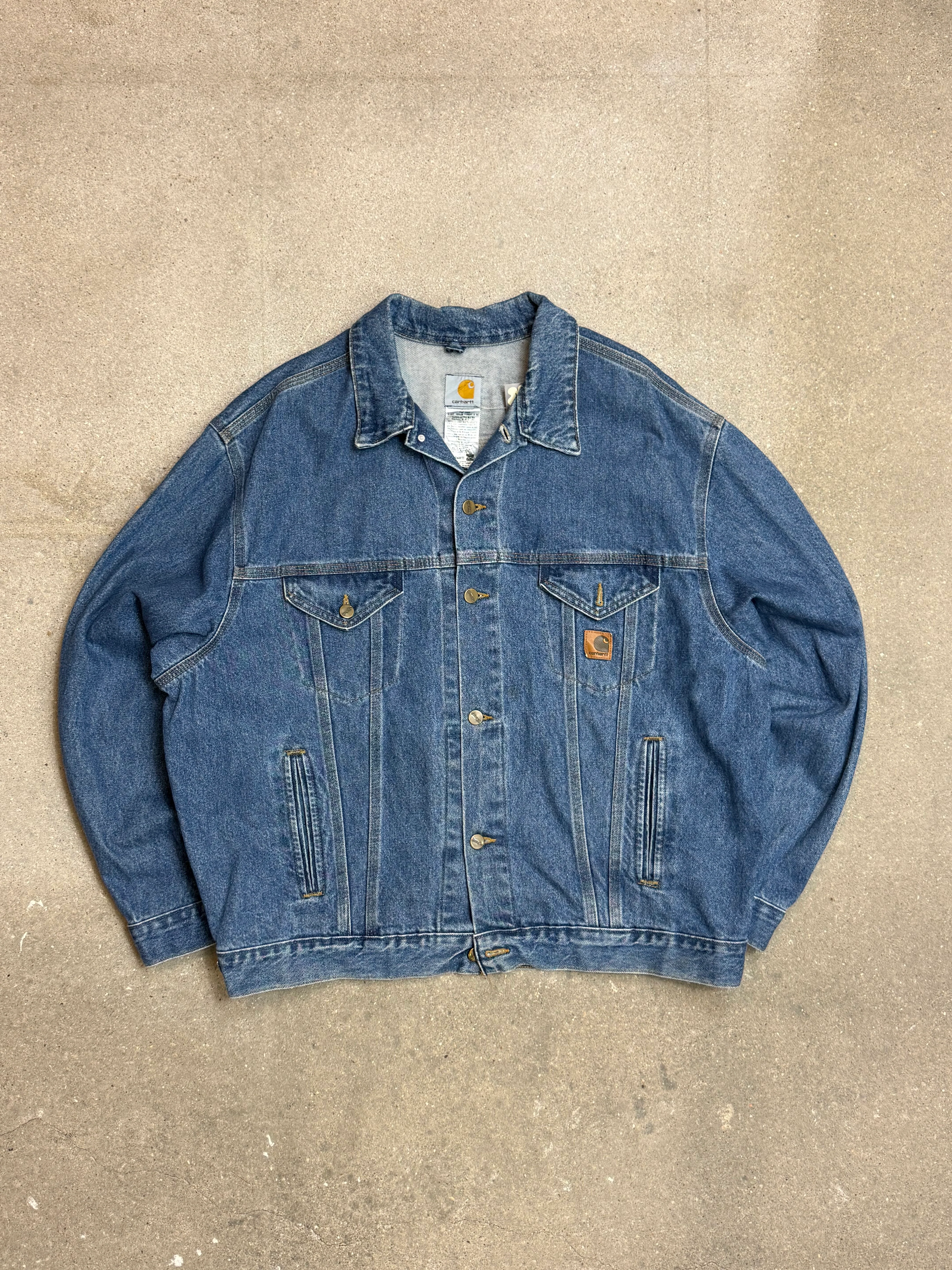 2005 Y2K Carhartt Jeans Jacket J12 DST Mens Medium Blue Denim Trucker Made in USA ( XL )