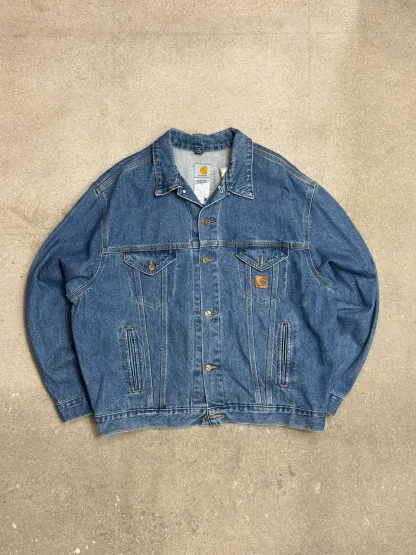 2005 Y2K Carhartt Jeans Jacket J12 DST Mens Medium Blue Denim Trucker Made in USA ( XL )