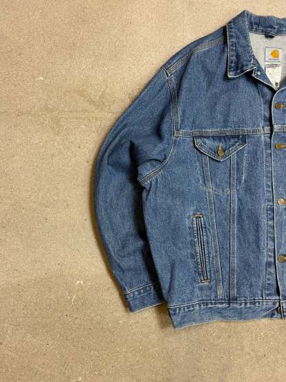 2005 Y2K Carhartt Jeans Jacket J12 DST Mens Medium Blue Denim Trucker Made in USA ( XL )