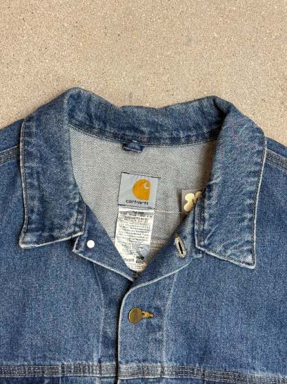 2005 Y2K Carhartt Jeans Jacket J12 DST Mens Medium Blue Denim Trucker Made in USA ( XL )