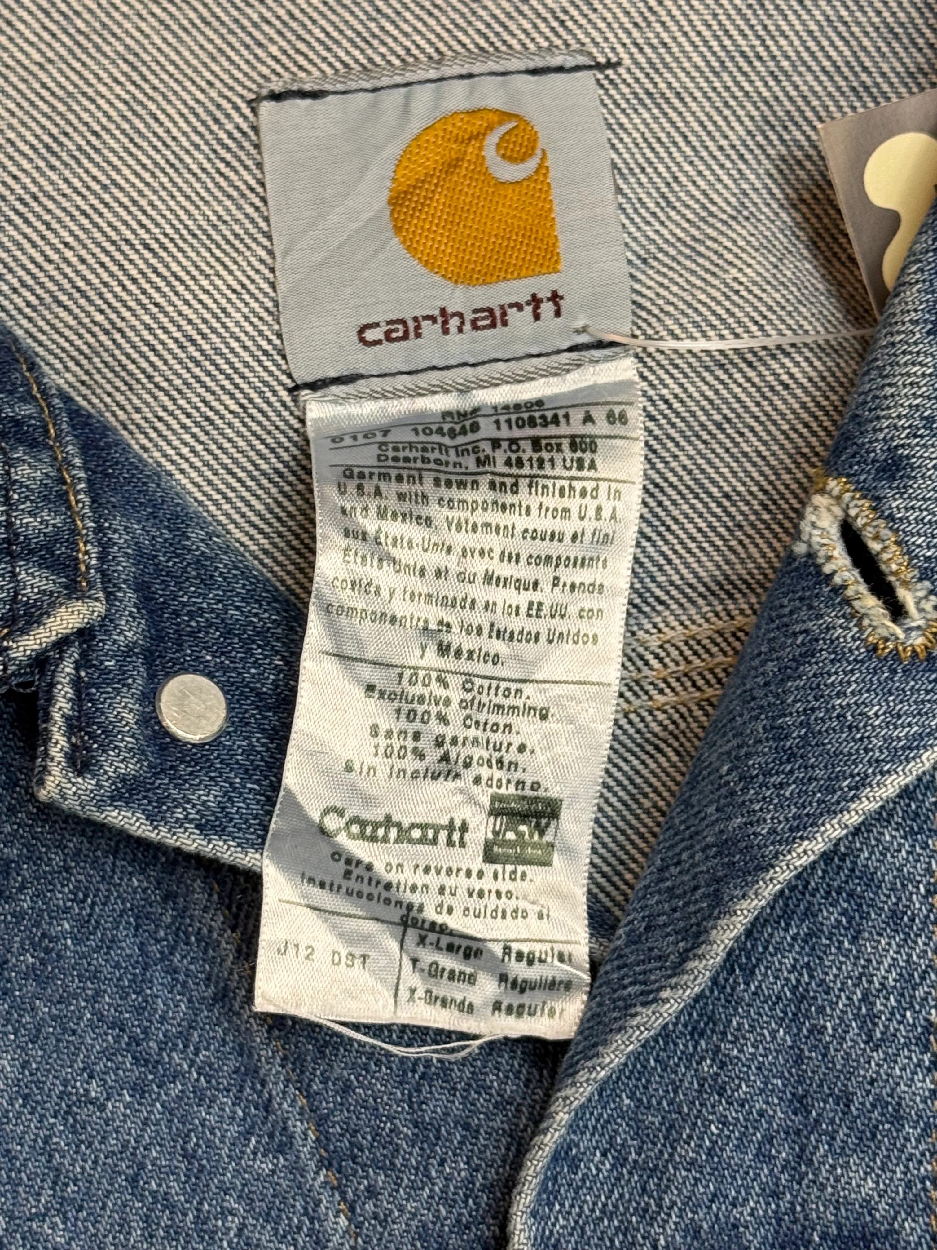 2005 Y2K Carhartt Jeans Jacket J12 DST Mens Medium Blue Denim Trucker Made in USA ( XL )