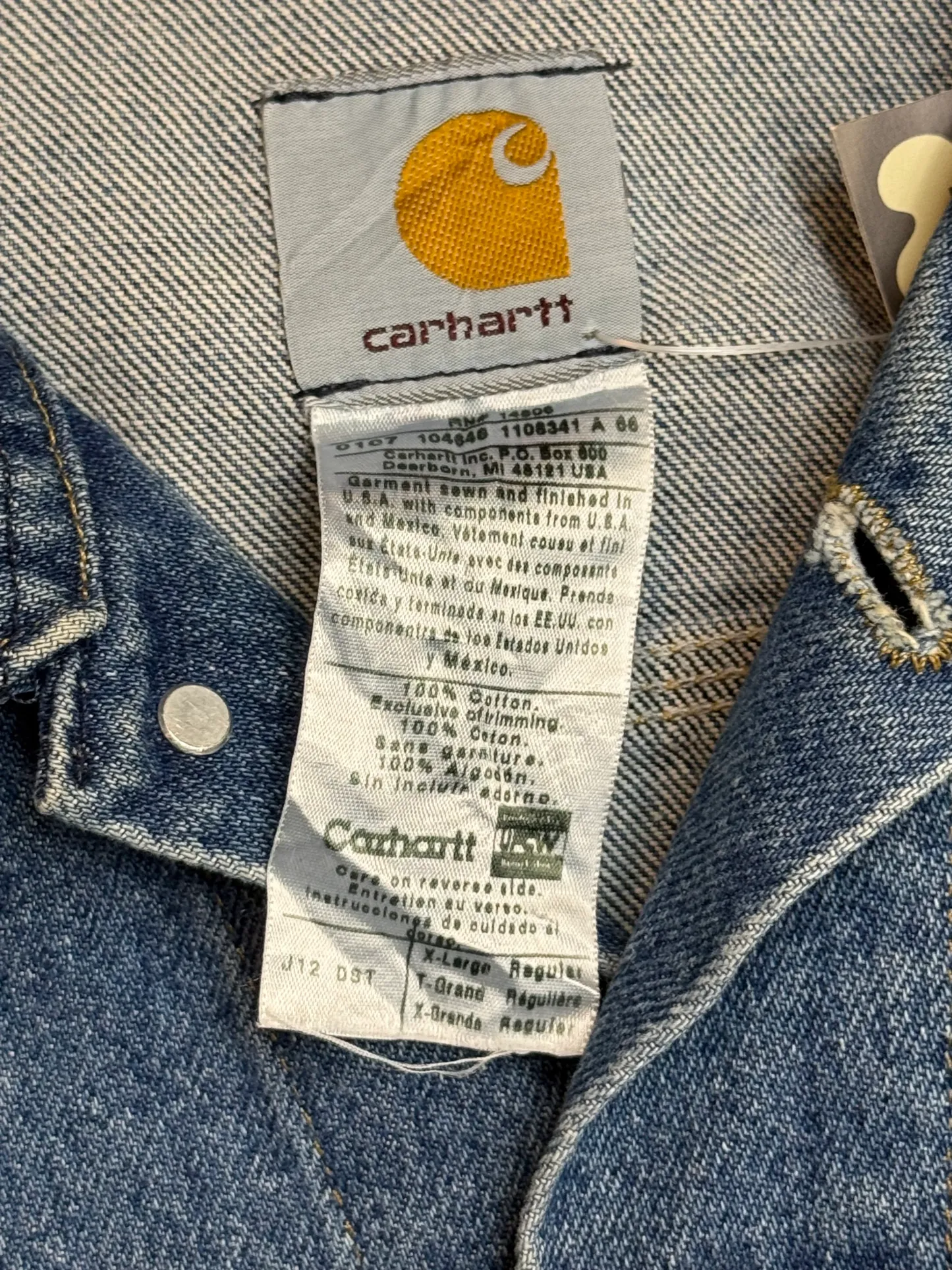 2005 Y2K Carhartt Jeans Jacket J12 DST Mens Medium Blue Denim Trucker Made in USA ( XL )