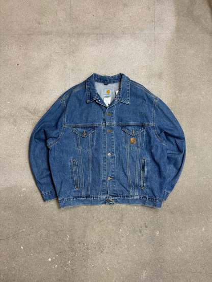 2005 Y2K Carhartt Jeans Jacket J12 DST Mens Medium Blue Denim Trucker Made in USA ( XL )