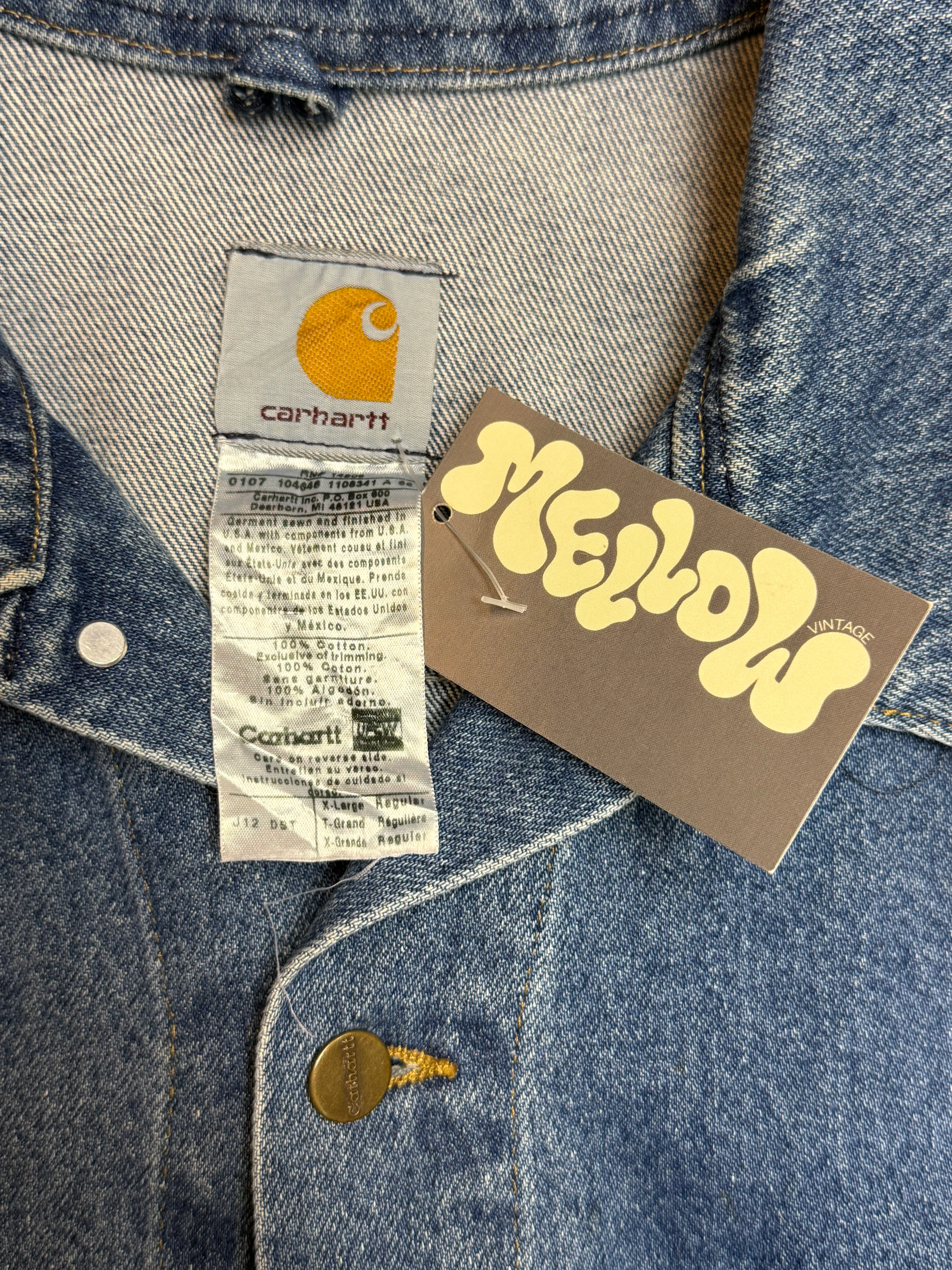 2005 Y2K Carhartt Jeans Jacket J12 DST Mens Medium Blue Denim Trucker Made in USA ( XL )