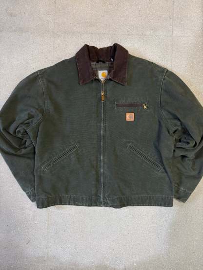 Rare 1990s Carhartt Detroit Jacket J97 MOS faded forest green / brown contrast collar (size L) (size Large regular)