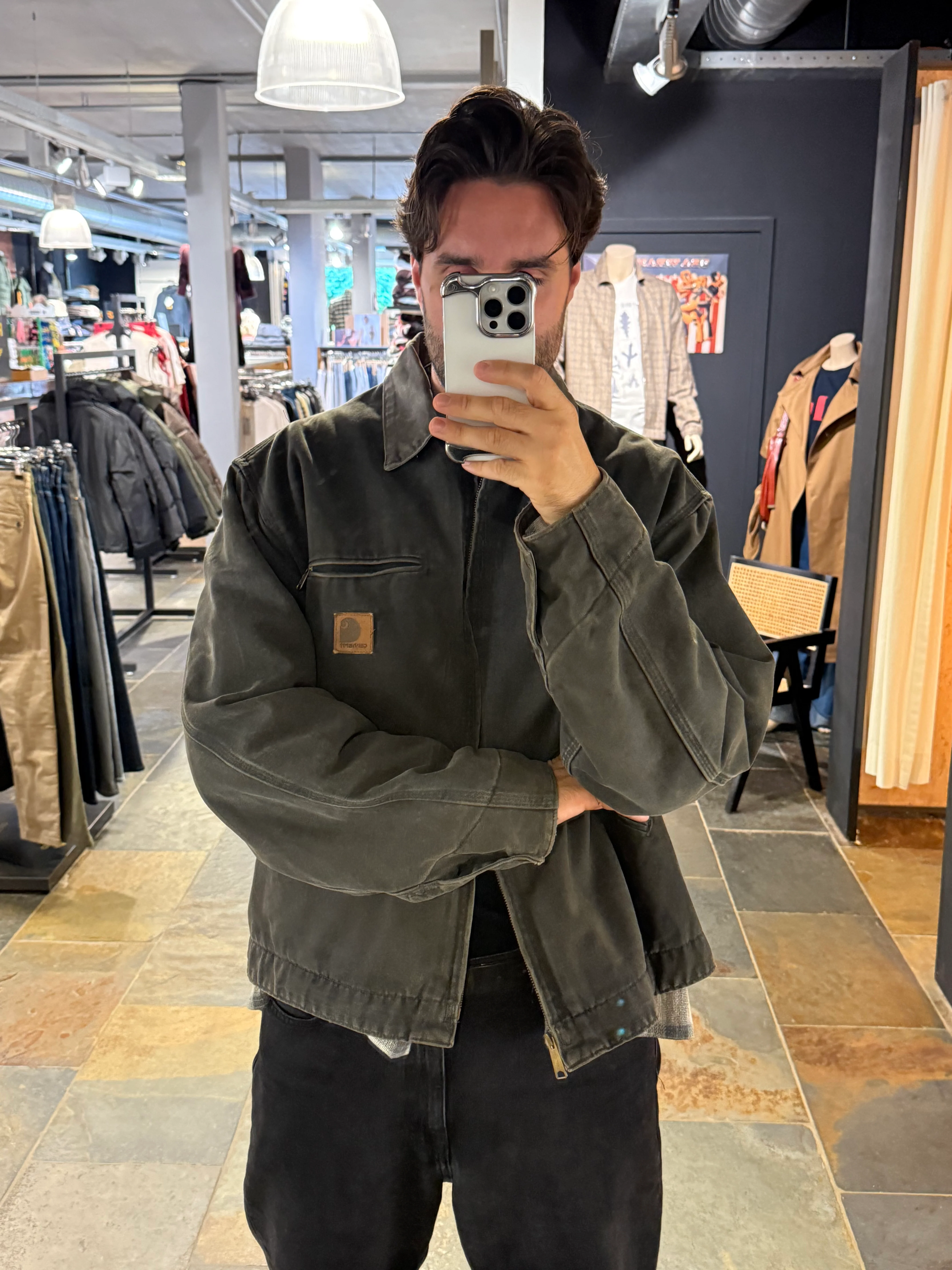 Rare 1990s Carhartt Detroit Jacket J97 PTL faded dark green / contrast collar (size XL) (size X-Large regular)