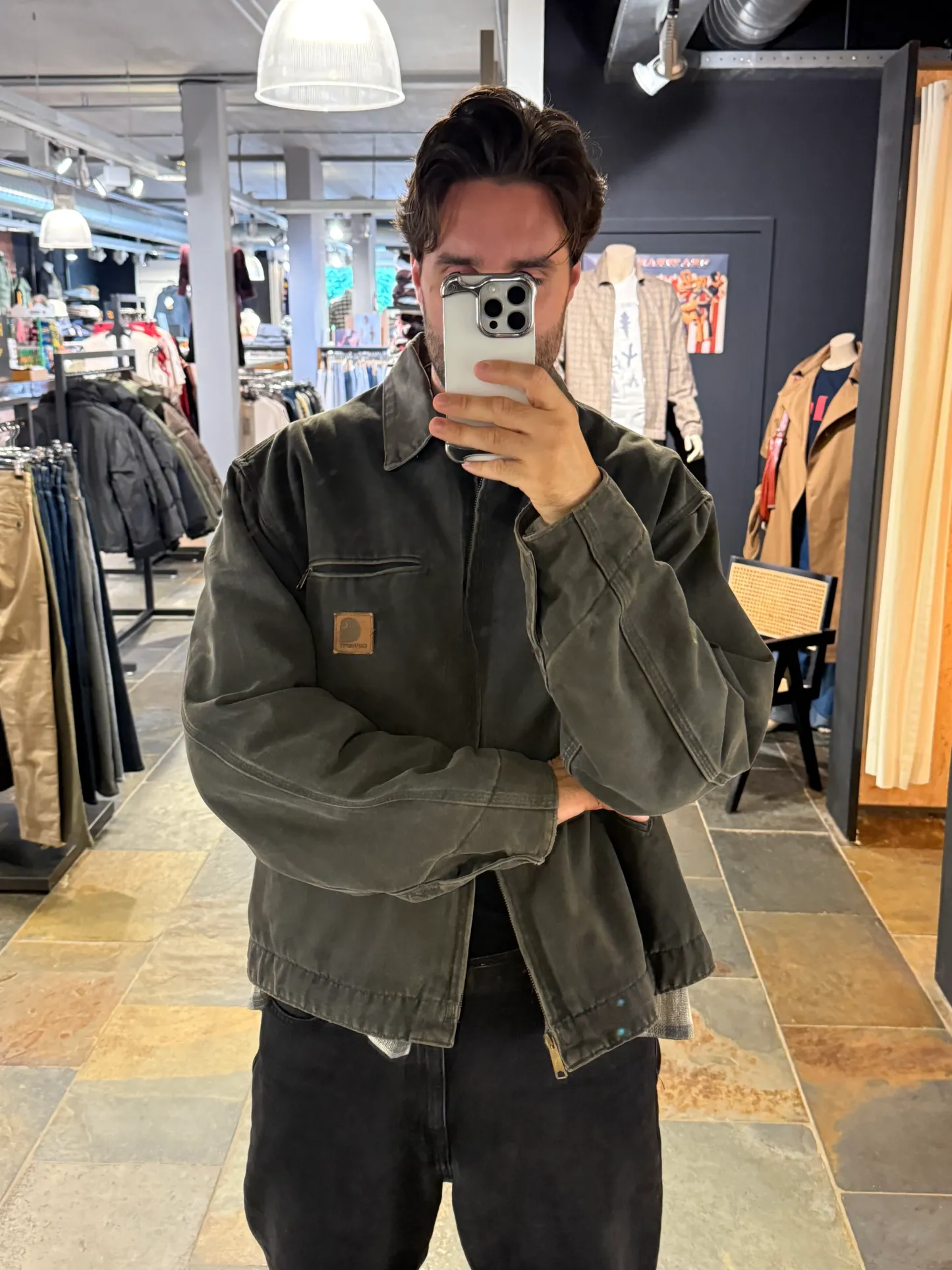 Rare 1990s Carhartt Detroit Jacket J97 PTL faded dark green / contrast collar (size XL) (size X-Large regular)