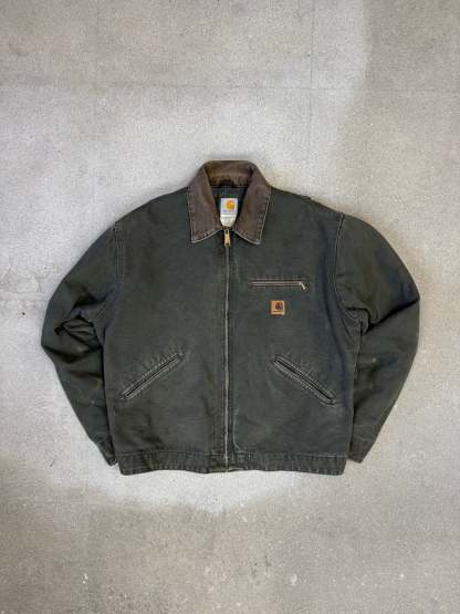 1990s Carhartt Detroit Jacket J97 MOS 'Made in USA' faded green / brown contrast collar (size L) (size Large regular)