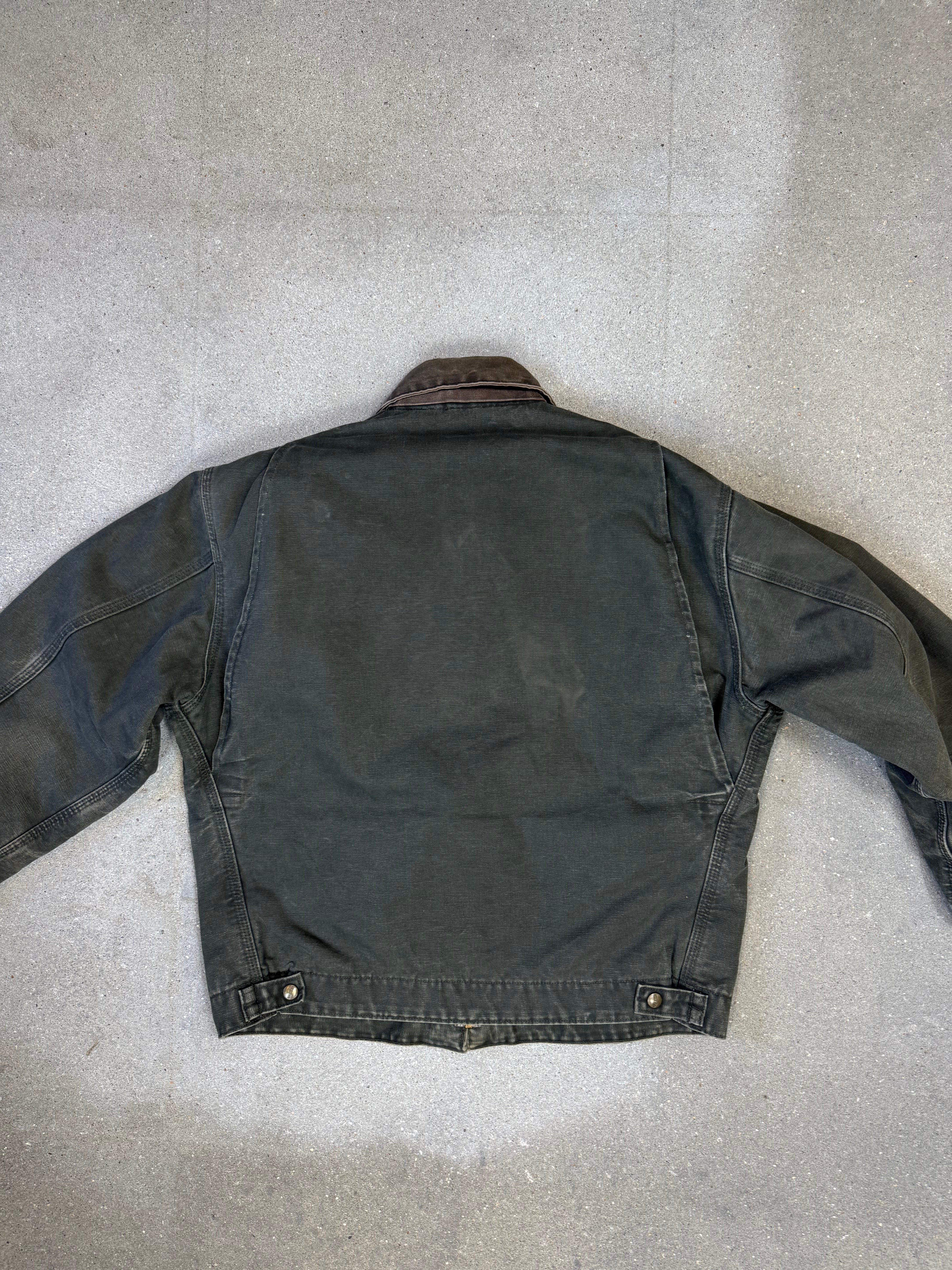 1990s Carhartt Detroit Jacket J97 MOS 'Made in USA' faded green / brown contrast collar (size L) (size Large regular)