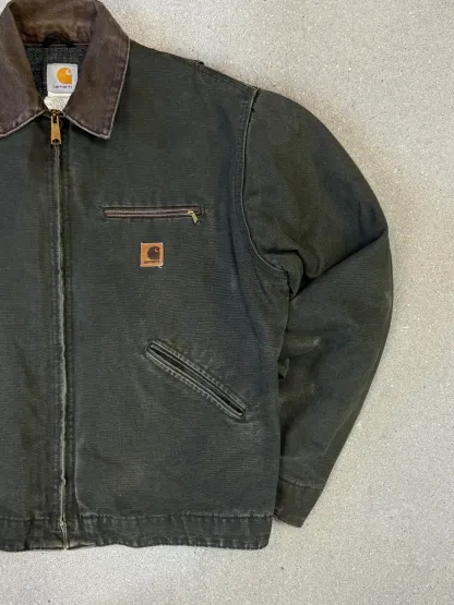 1990s Carhartt Detroit Jacket J97 MOS 'Made in USA' faded green / brown contrast collar (size L) (size Large regular)