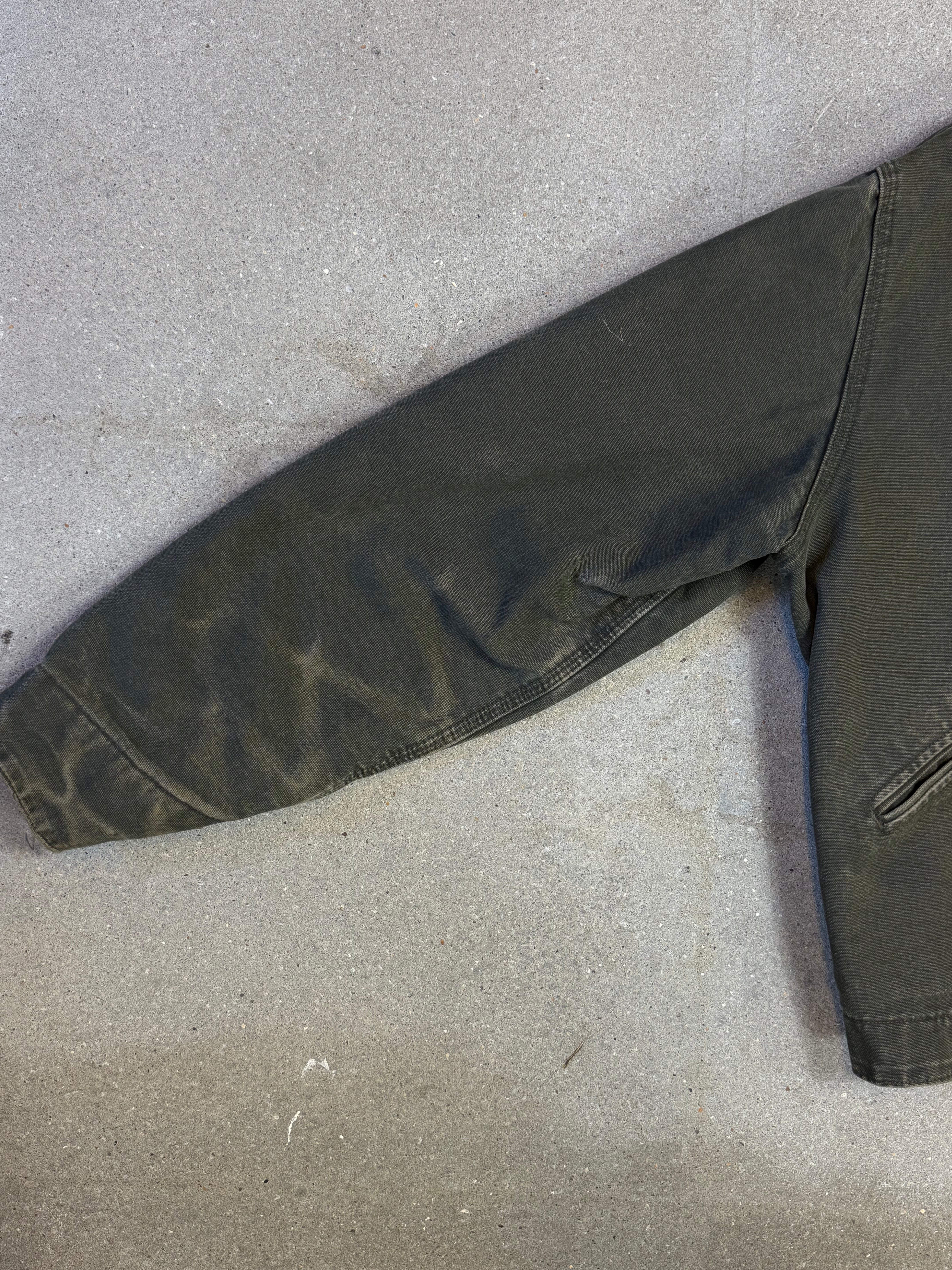 1990s Carhartt Detroit Jacket J97 MOS 'Made in USA' faded green / brown contrast collar (size L) (size Large regular)