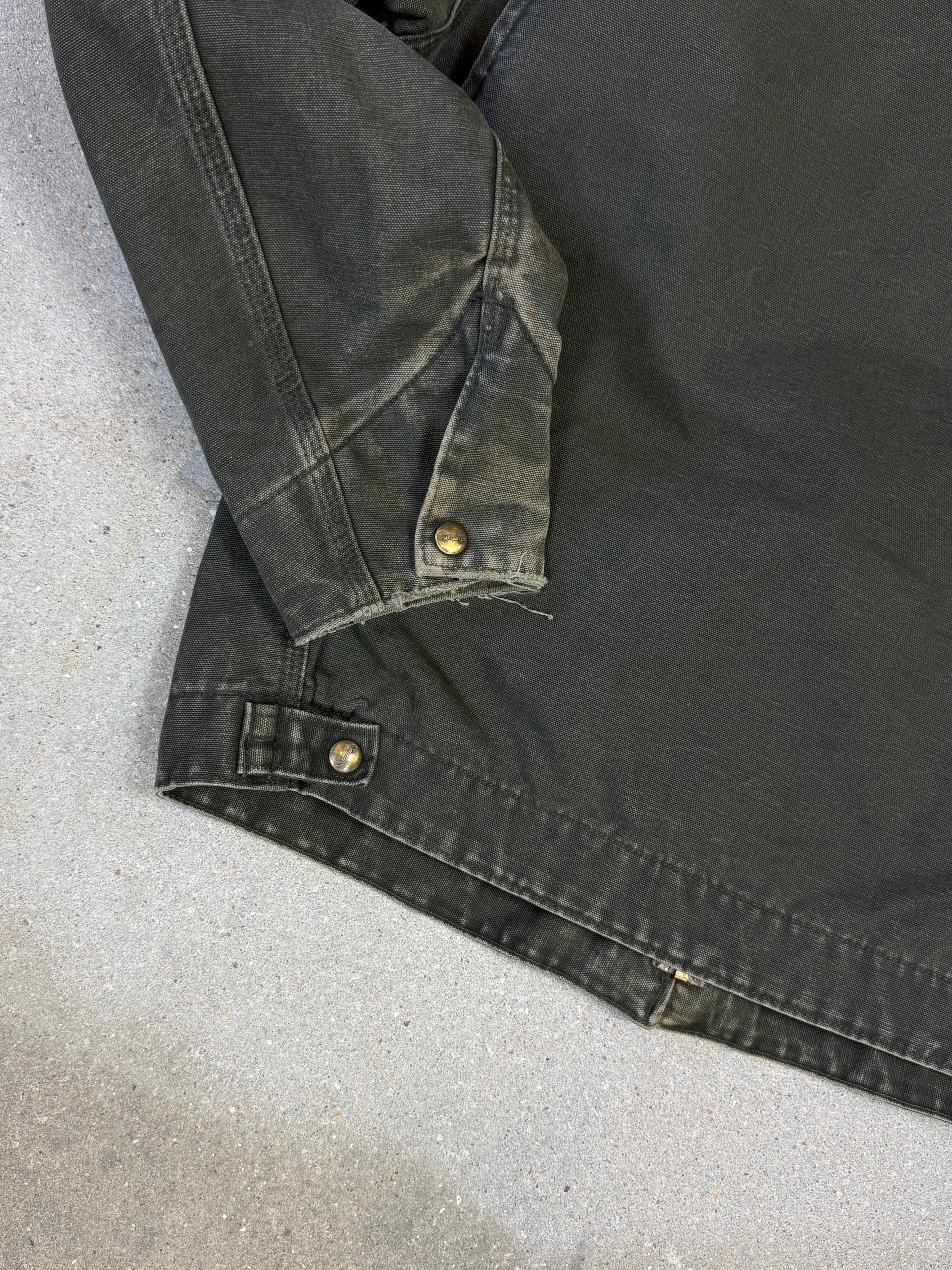 1990s Carhartt Detroit Jacket J97 MOS 'Made in USA' faded green / brown contrast collar (size L) (size Large regular)