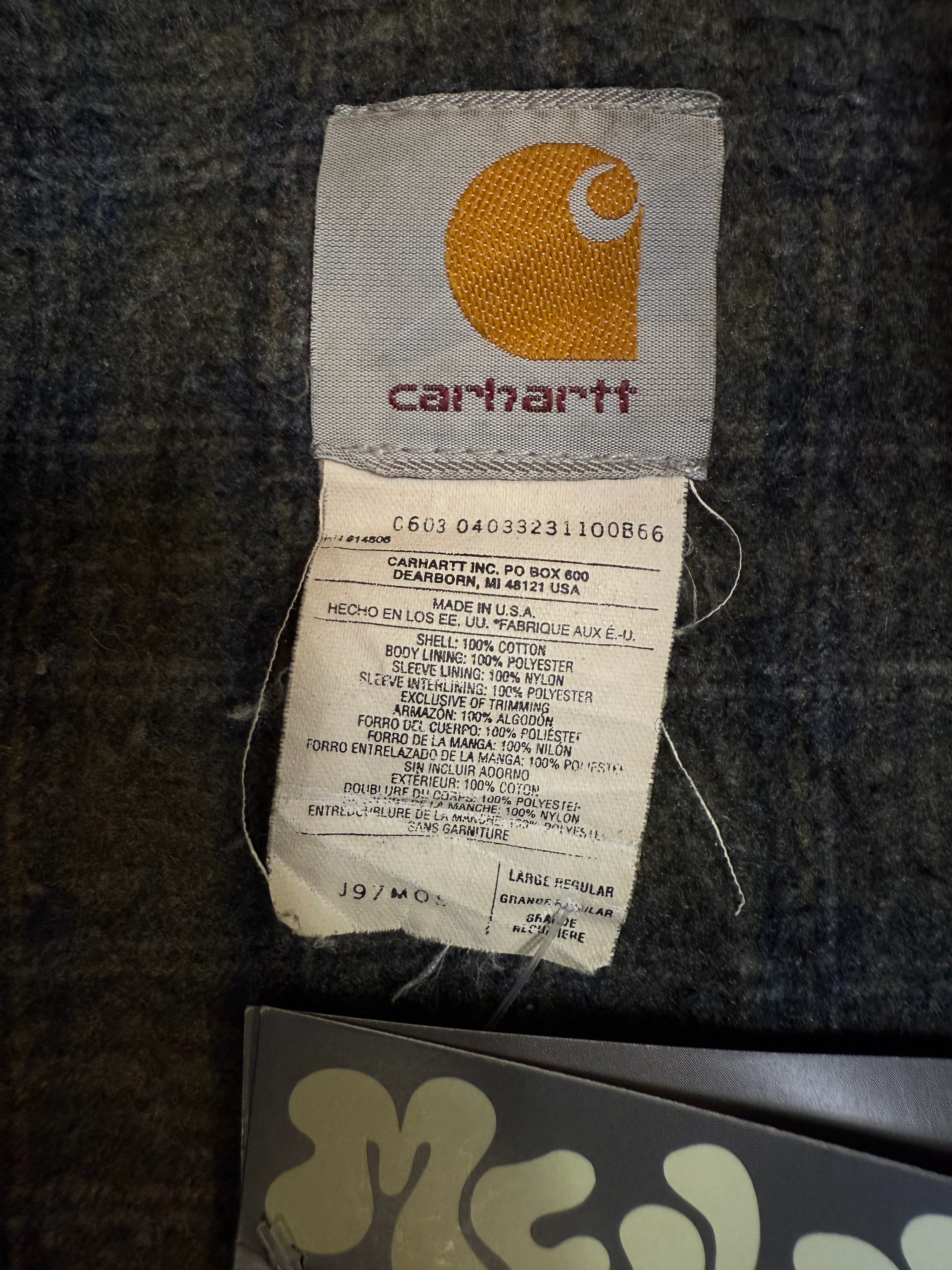 1990s Carhartt Detroit Jacket J97 MOS 'Made in USA' faded green / brown contrast collar (size L) (size Large regular)