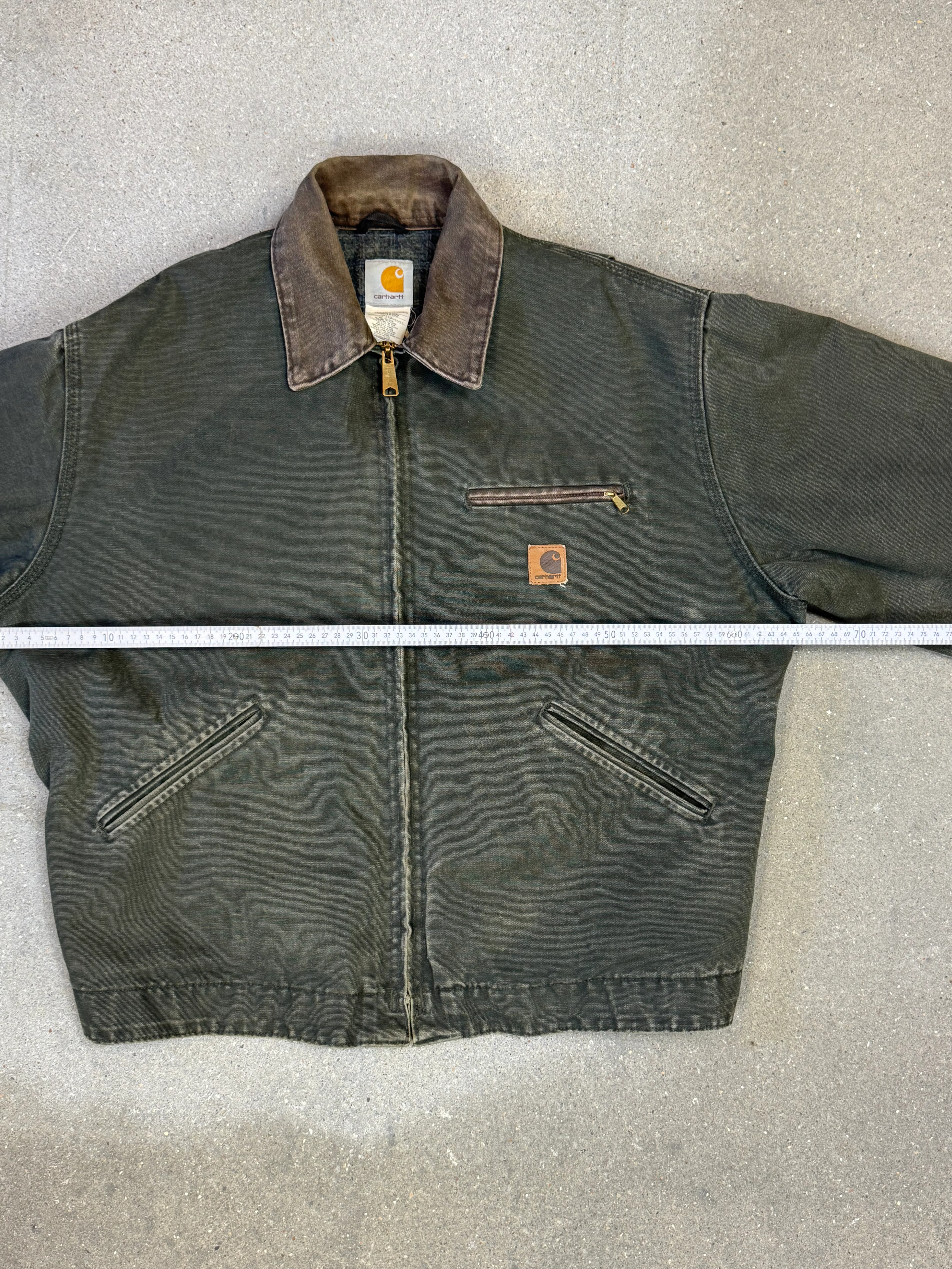 1990s Carhartt Detroit Jacket J97 MOS 'Made in USA' faded green / brown contrast collar (size L) (size Large regular)