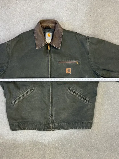1990s Carhartt Detroit Jacket J97 MOS 'Made in USA' faded green / brown contrast collar (size L) (size Large regular)