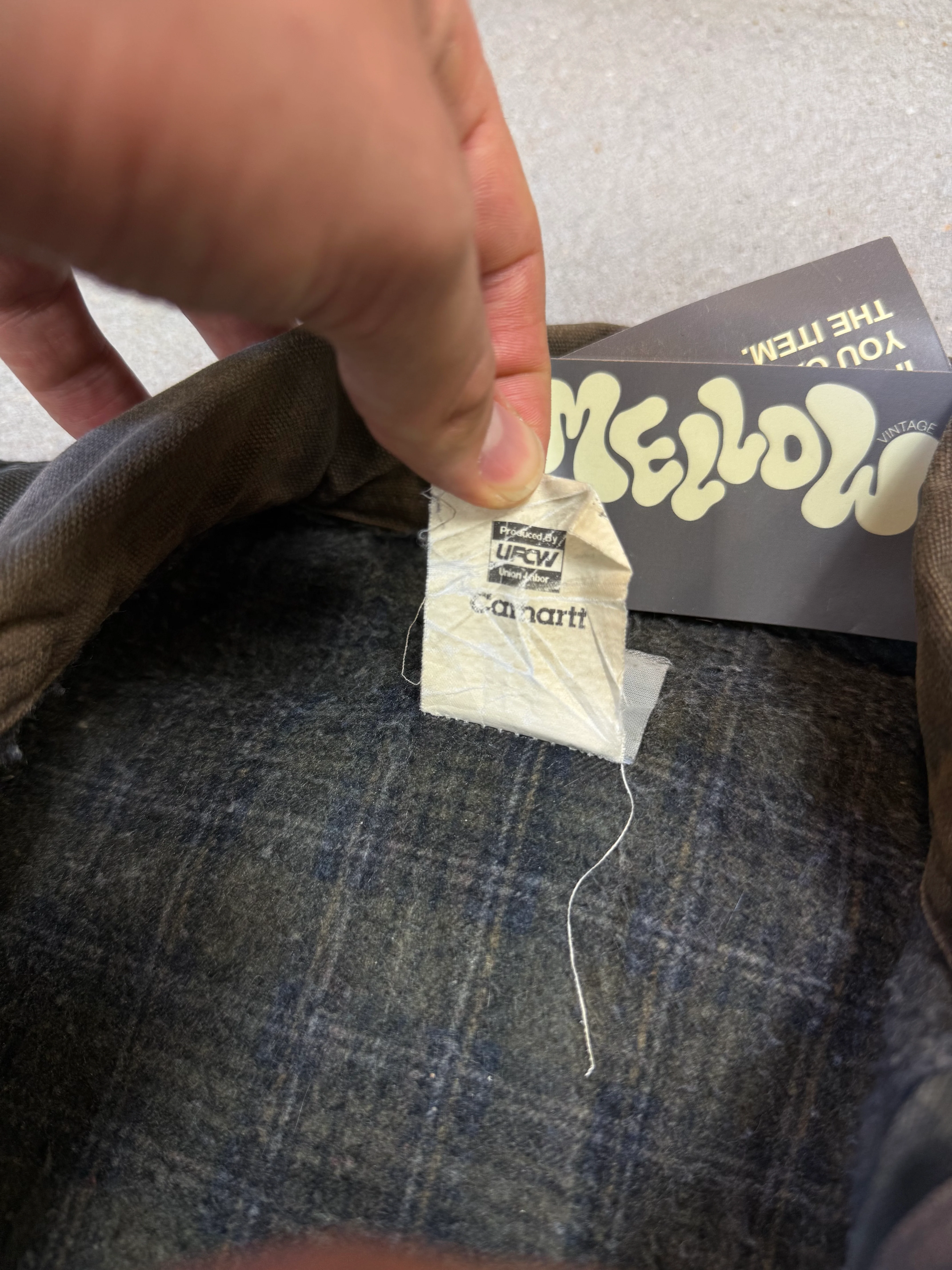 1990s Carhartt Detroit Jacket J97 MOS 'Made in USA' faded green / brown contrast collar (size L) (size Large regular)