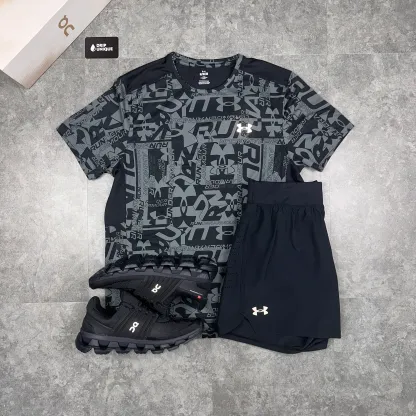 Under Armour Launch Printed T-Shirt Black & Launch Speedpocket Shorts Set