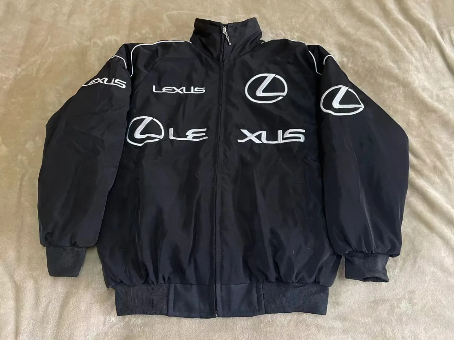 Unisex Adult Racing Black Jacket Embroidered Patches Cotton Padded Lexus 