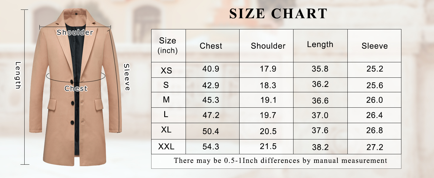 Men's Classic Wool Trench Overcoat Single Breasted Mid Long Wool Blend Top Pea Coats Jackets