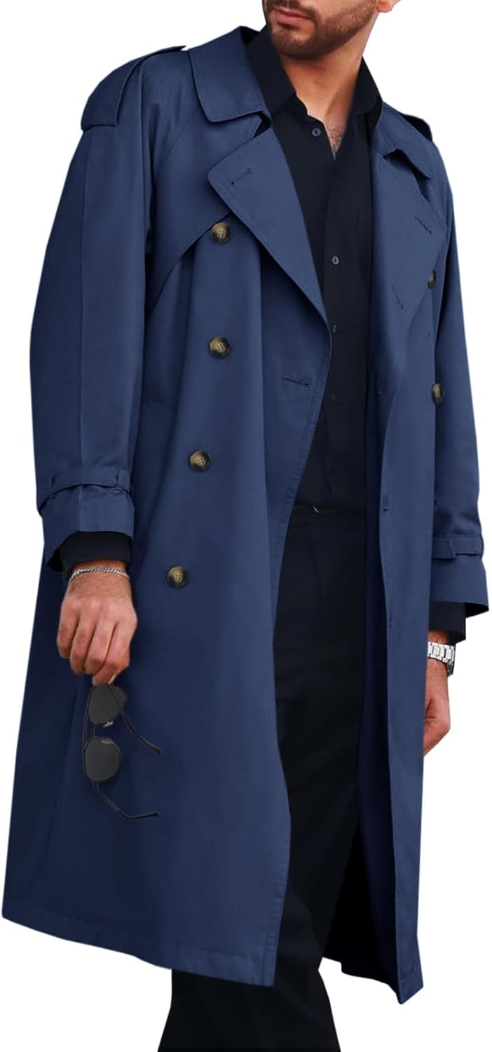 Runcati Mens Trench Coat Double Breasted Long Jacket Casual Windbreaker Notched Lapel Belted Overcoat