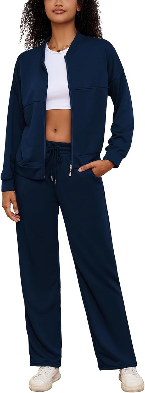 PINSV Women's 2 Piece Outfits Sweatsuits Full Zip Sweatshirts Wide Leg Sweatpant Set Tracksuit