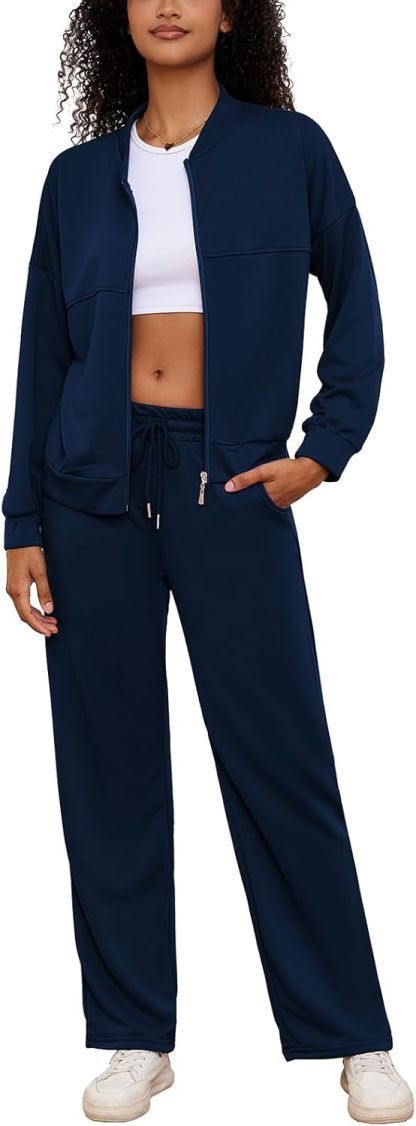 PINSV Women's 2 Piece Outfits Sweatsuits Full Zip Sweatshirts Wide Leg Sweatpant Set Tracksuit