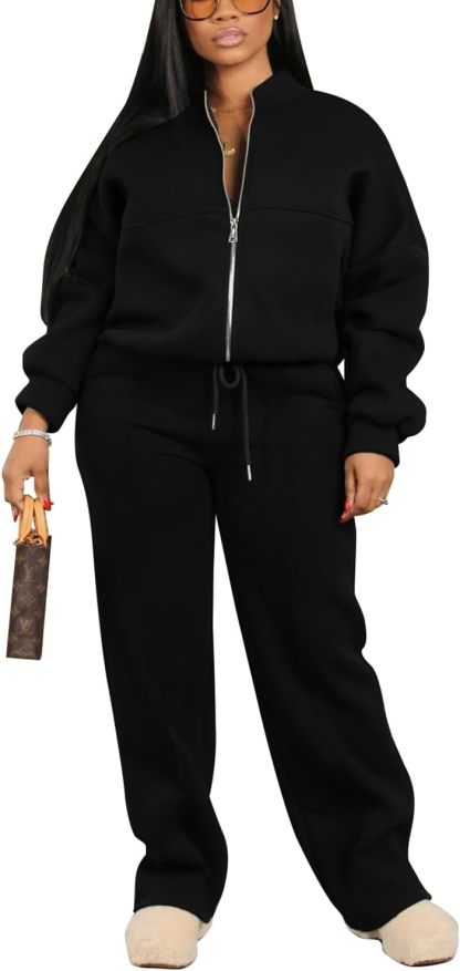 PINSV Women's 2 Piece Outfits Sweatsuits Full Zip Sweatshirts Wide Leg Sweatpant Set Tracksuit