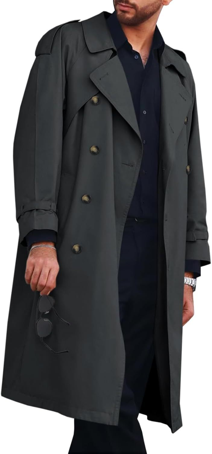 Runcati Mens Trench Coat Double Breasted Long Jacket Casual Windbreake