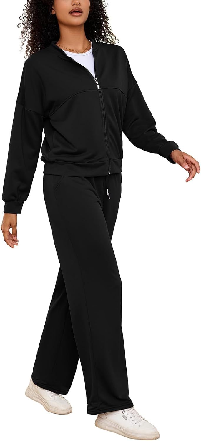 PINSV Women's 2 Piece Outfits Sweatsuits Full Zip Sweatshirts Wide Leg Sweatpant Set Tracksuit