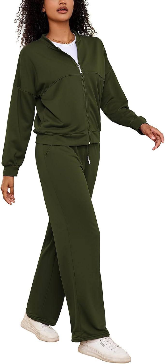 PINSV Women's 2 Piece Outfits Sweatsuits Full Zip Sweatshirts Wide Leg Sweatpant Set Tracksuit