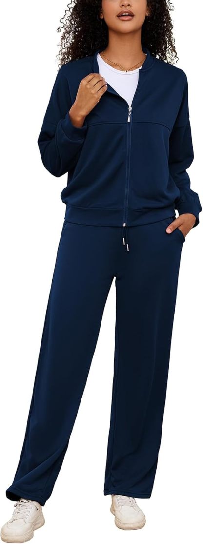 PINSV Women's 2 Piece Outfits Sweatsuits Full Zip Sweatshirts Wide Leg Sweatpant Set Tracksuit