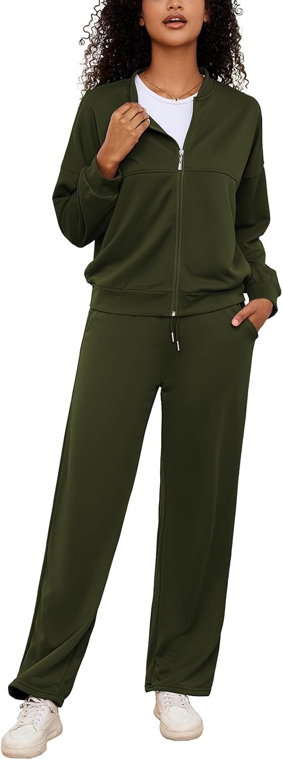 PINSV Women's 2 Piece Outfits Sweatsuits Full Zip Sweatshirts Wide Leg Sweatpant Set Tracksuit