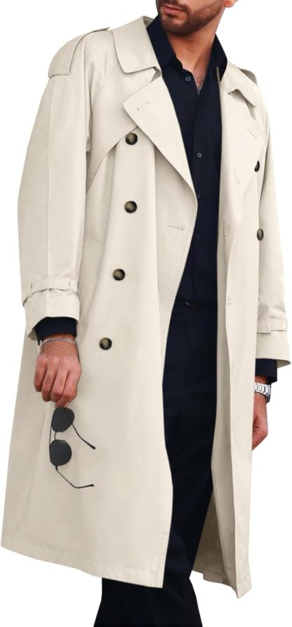 Runcati Mens Trench Coat Double Breasted Long Jacket Casual Windbreaker Notched Lapel Belted Overcoat