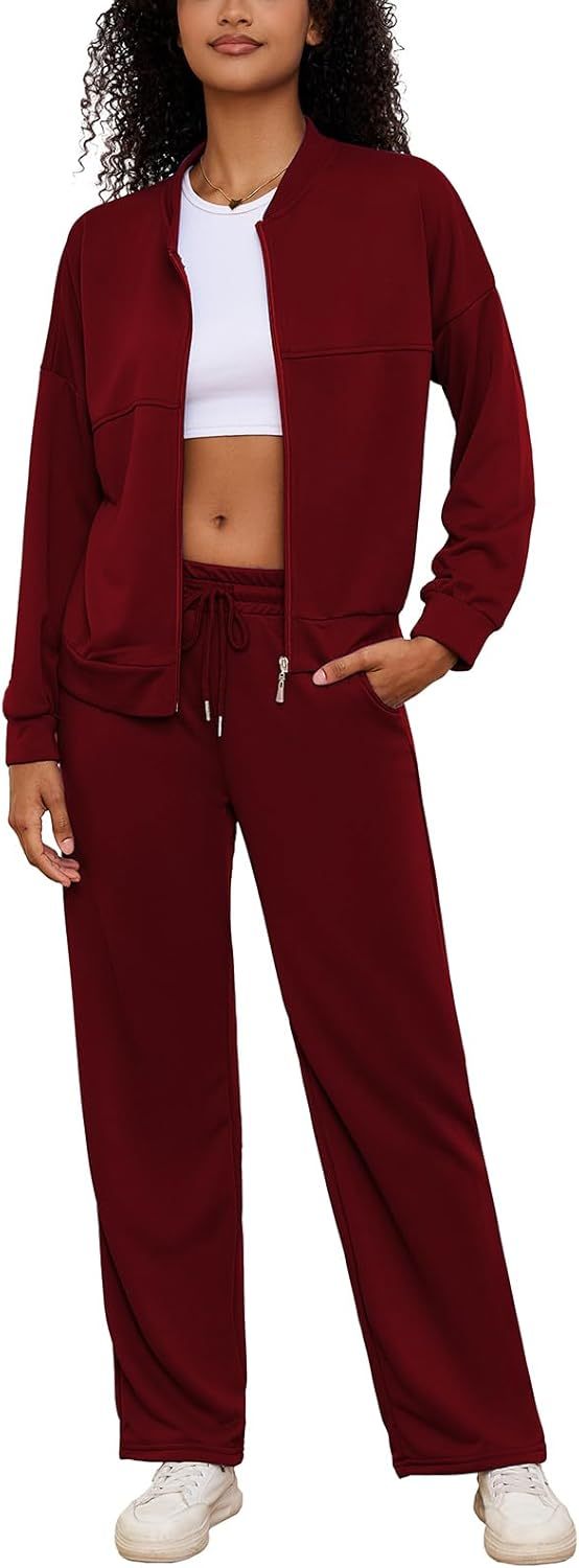 PINSV Women's 2 Piece Outfits Sweatsuits Full Zip Sweatshirts Wide Leg Sweatpant Set Tracksuit