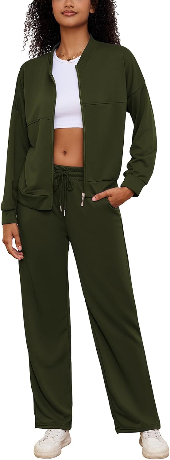 PINSV Women's 2 Piece Outfits Sweatsuits Full Zip Sweatshirts Wide Leg Sweatpant Set Tracksuit