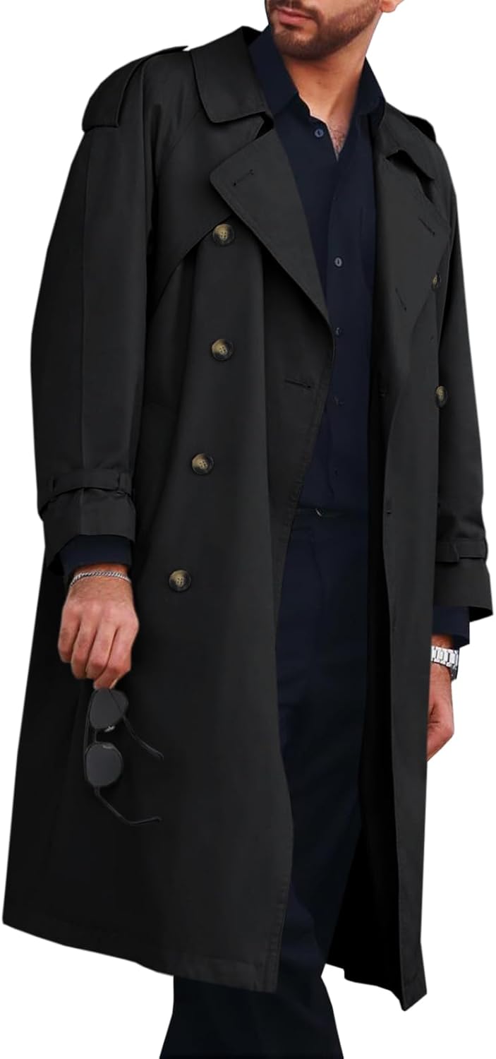 Runcati Mens Trench Coat Double Breasted Long Jacket Casual Windbreaker Notched Lapel Belted Overcoat