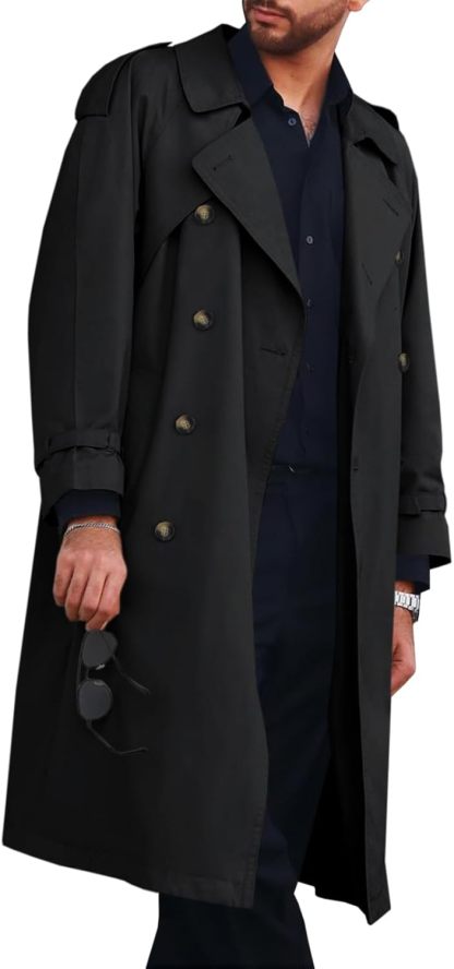 Runcati Mens Trench Coat Double Breasted Long Jacket Casual Windbreaker Notched Lapel Belted Overcoat