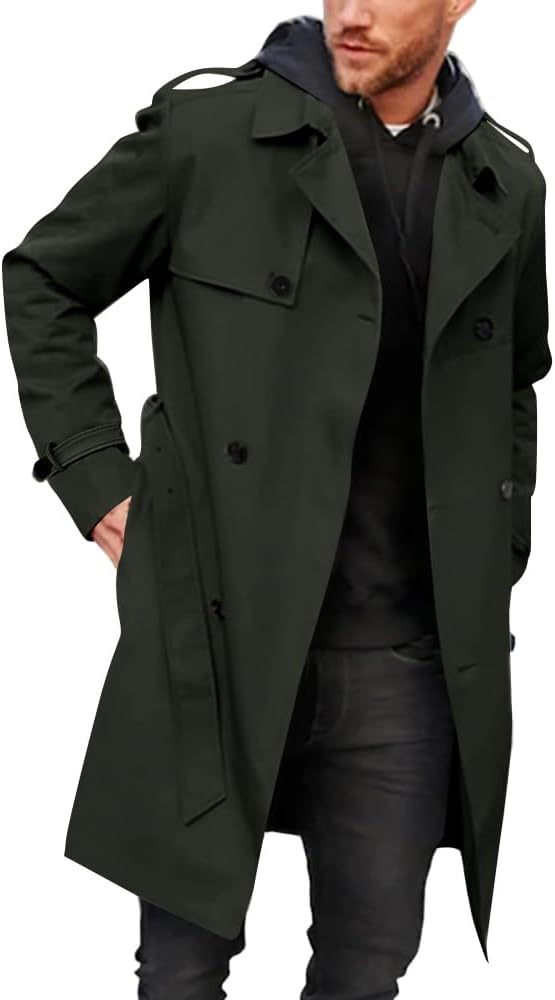 Gafeng Men's Trench Coat Slim fit Double Breasted Belted Windbreaker Lapel Long Jacket Casual Windproof Overcoat