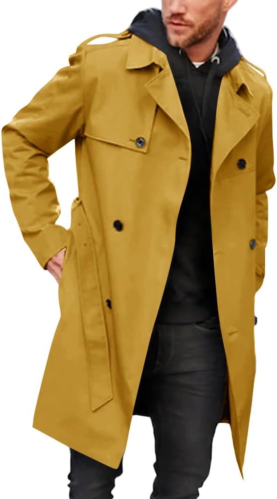 Gafeng Men's Trench Coat Slim fit Double Breasted Belted Windbreaker Lapel Long Jacket Casual Windproof Overcoat