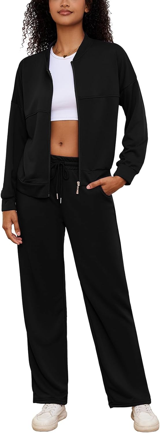 PINSV Women's 2 Piece Outfits Sweatsuits Full Zip Sweatshirts Wide Leg Sweatpant Set Tracksuit