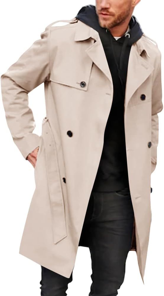 Gafeng Men's Trench Coat Slim fit Double Breasted Belted Windbreaker Lapel Long Jacket Casual Windproof Overcoat