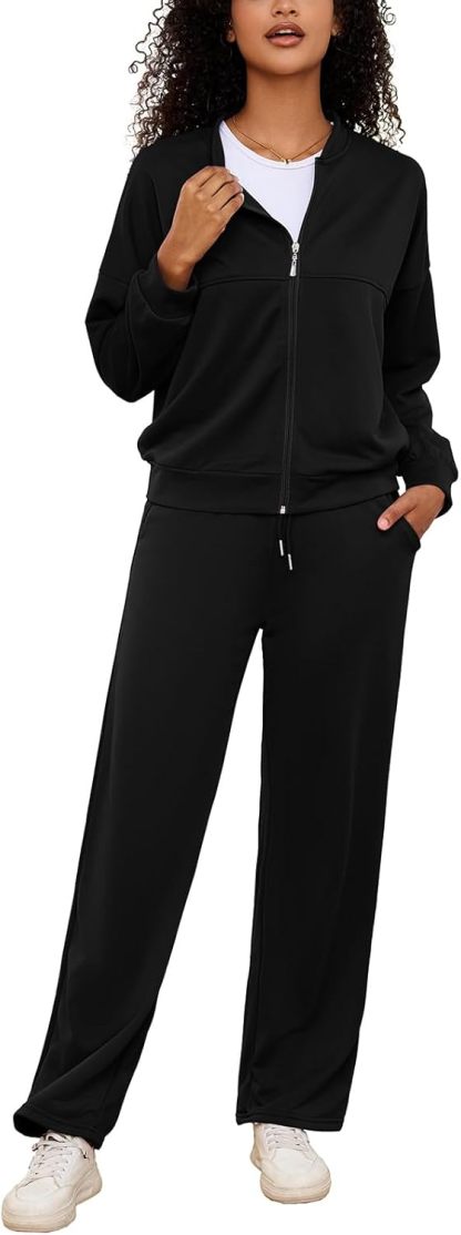 PINSV Women's 2 Piece Outfits Sweatsuits Full Zip Sweatshirts Wide Leg Sweatpant Set Tracksuit