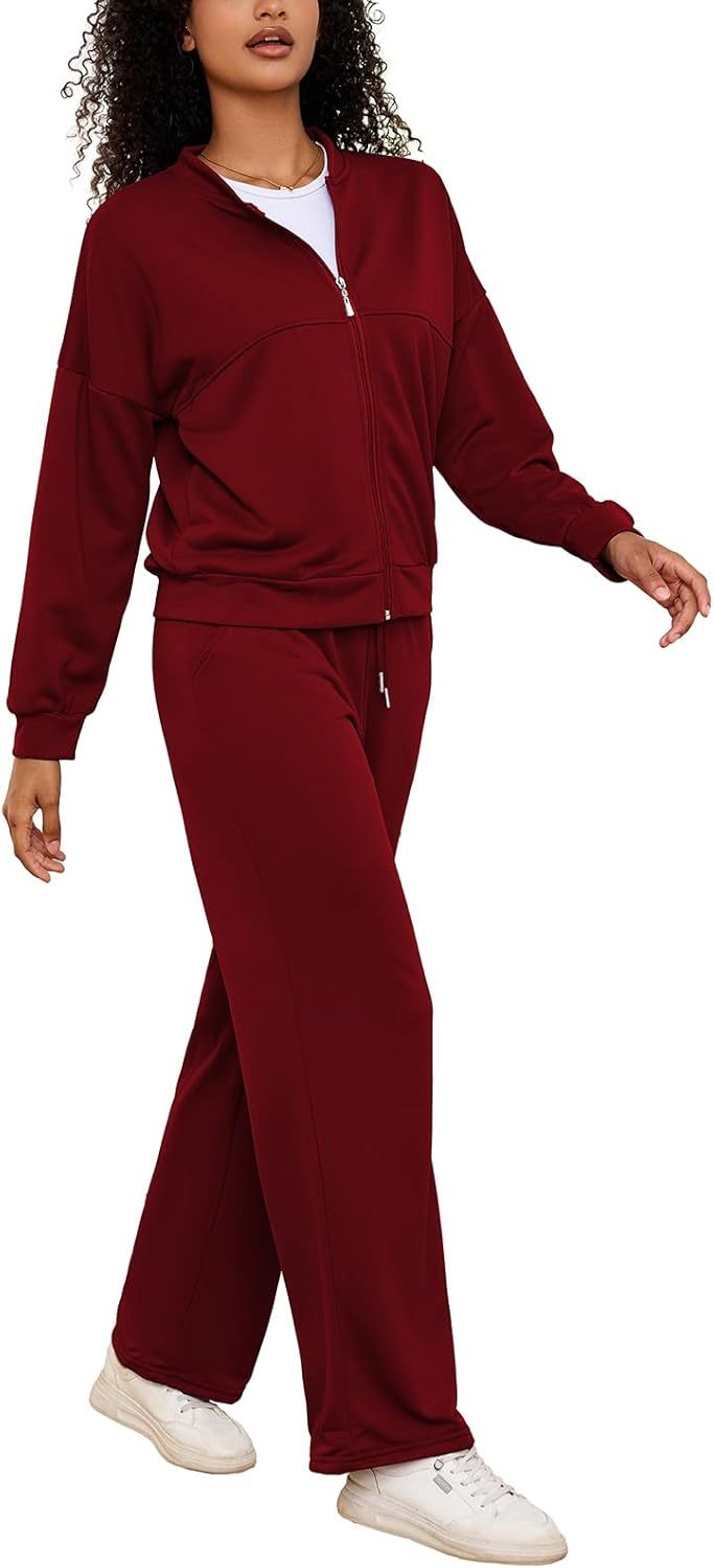 PINSV Women's 2 Piece Outfits Sweatsuits Full Zip Sweatshirts Wide Leg Sweatpant Set Tracksuit