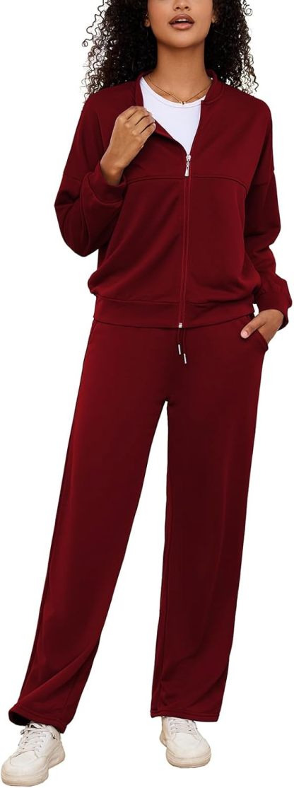 PINSV Women's 2 Piece Outfits Sweatsuits Full Zip Sweatshirts Wide Leg Sweatpant Set Tracksuit