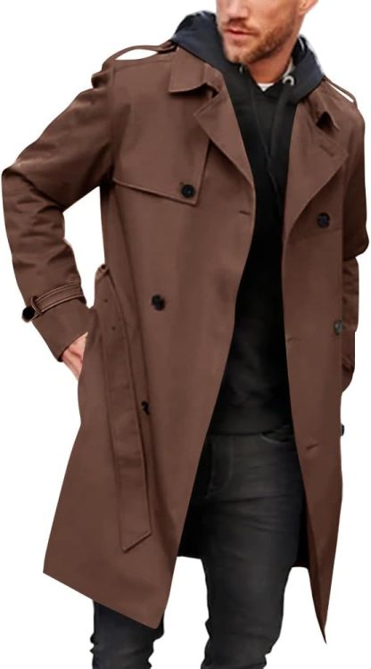Gafeng Men's Trench Coat Slim fit Double Breasted Belted Windbreaker Lapel Long Jacket Casual Windproof Overcoat