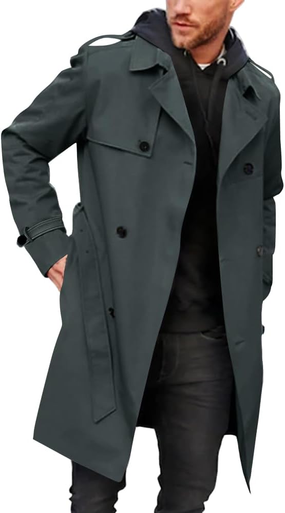 Gafeng Men's Trench Coat Slim fit Double Breasted Belted Windbreaker Lapel Long Jacket Casual Windproof Overcoat