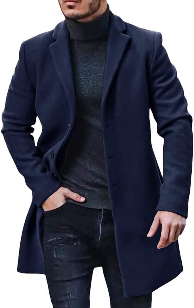 PASLTER Mens Trench Coat Slim Fit Notched Collar Fall Winter Single Br